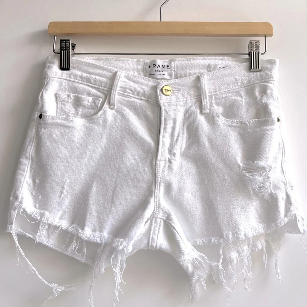 Frame Denim Le Cutoff Tulip Frayed Hem Jean Short Distressed White Blank Rookley